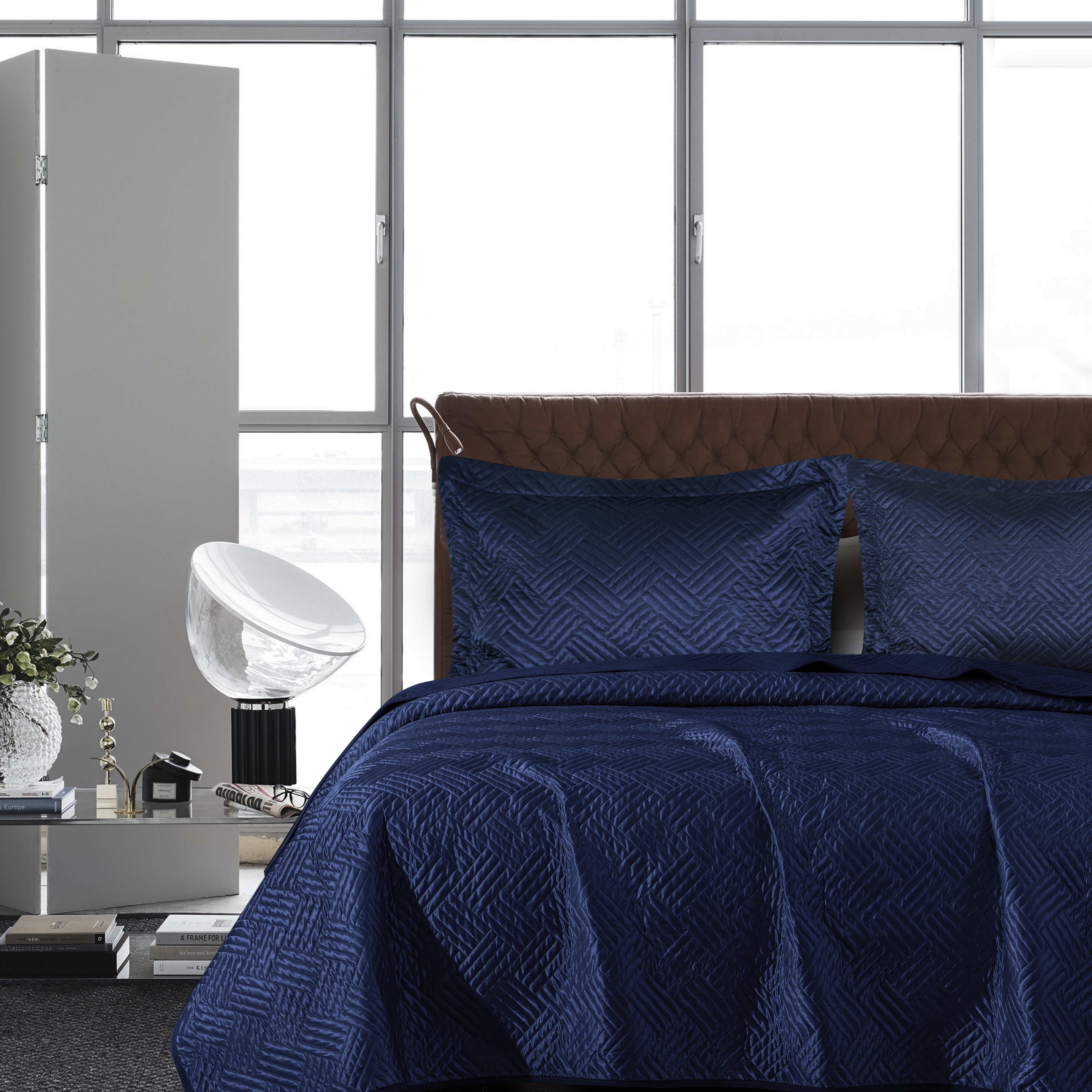 Kelnaro 3 Pieces Satin Quilt Set, Queen, Navy Blue